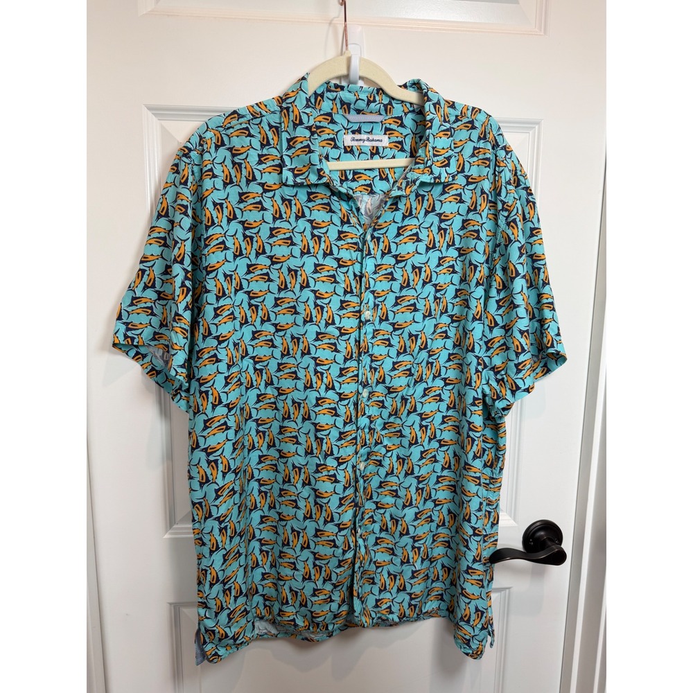Tommy Bahama Mens XL Marlin Fish Print Rayon Short Sleeve Camp Shirt Turquoise